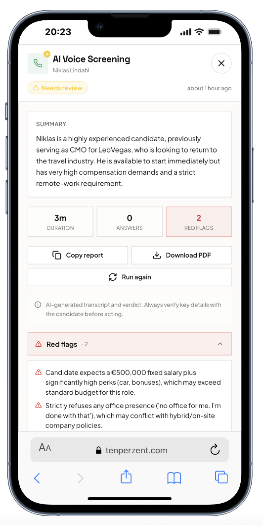 Report di chiamata AI per lo screening da mobile